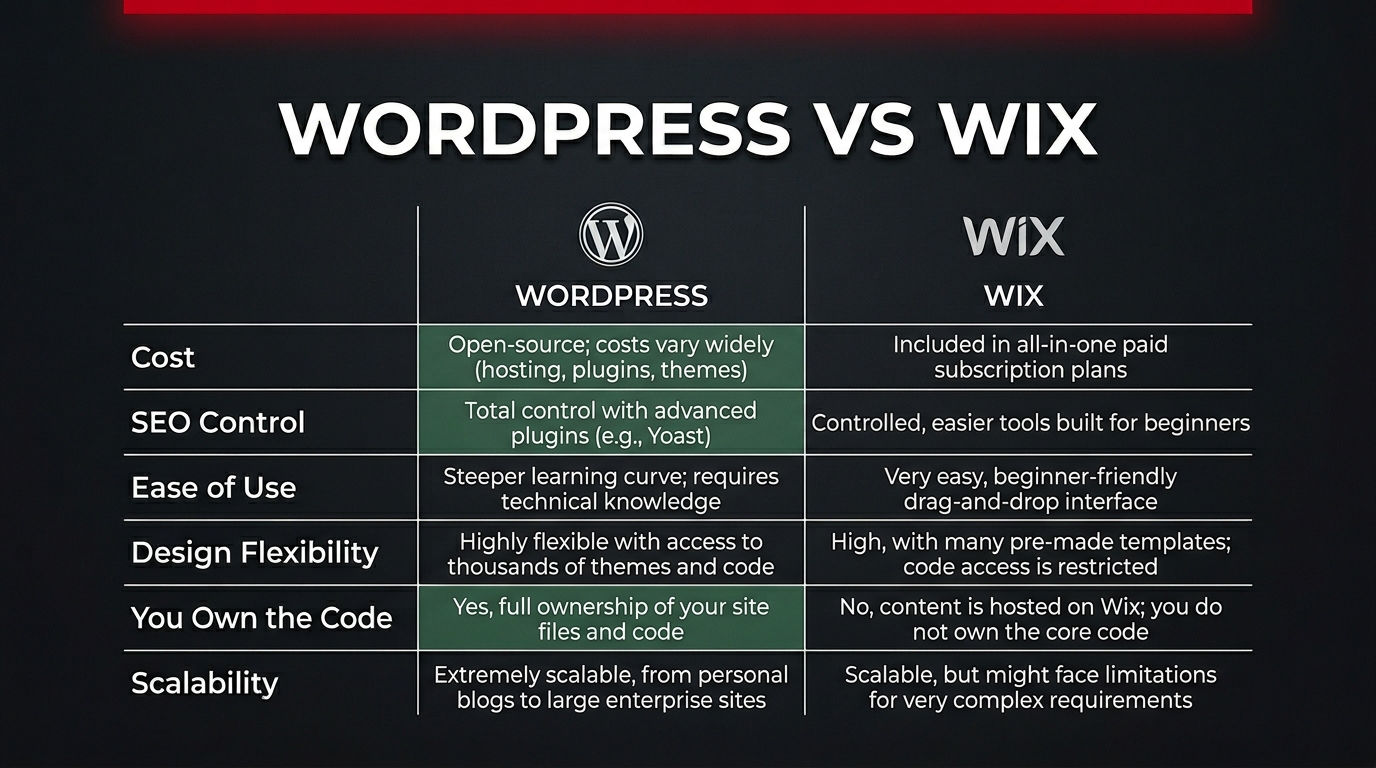 WordPress vs Wix feature comparison chart