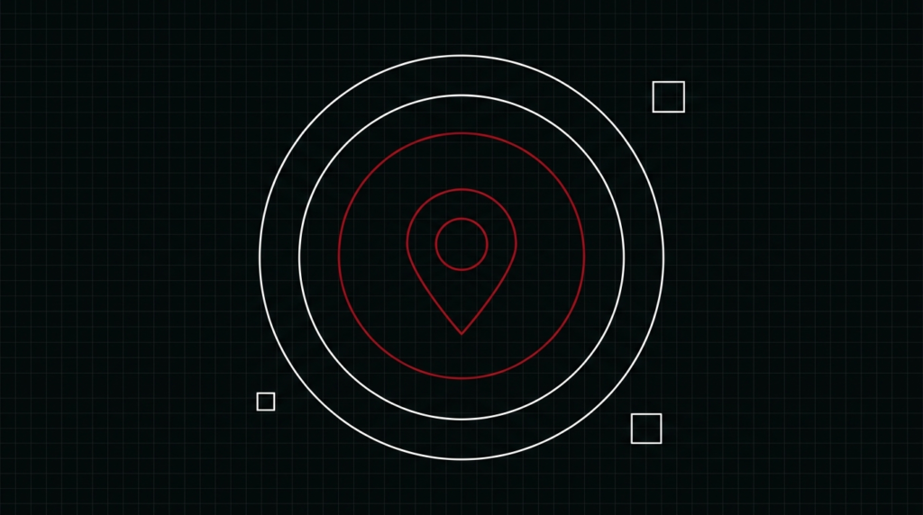 Map pin over a Malaysian city street with a Google Business Profile card overlay, dark background with crimson accent