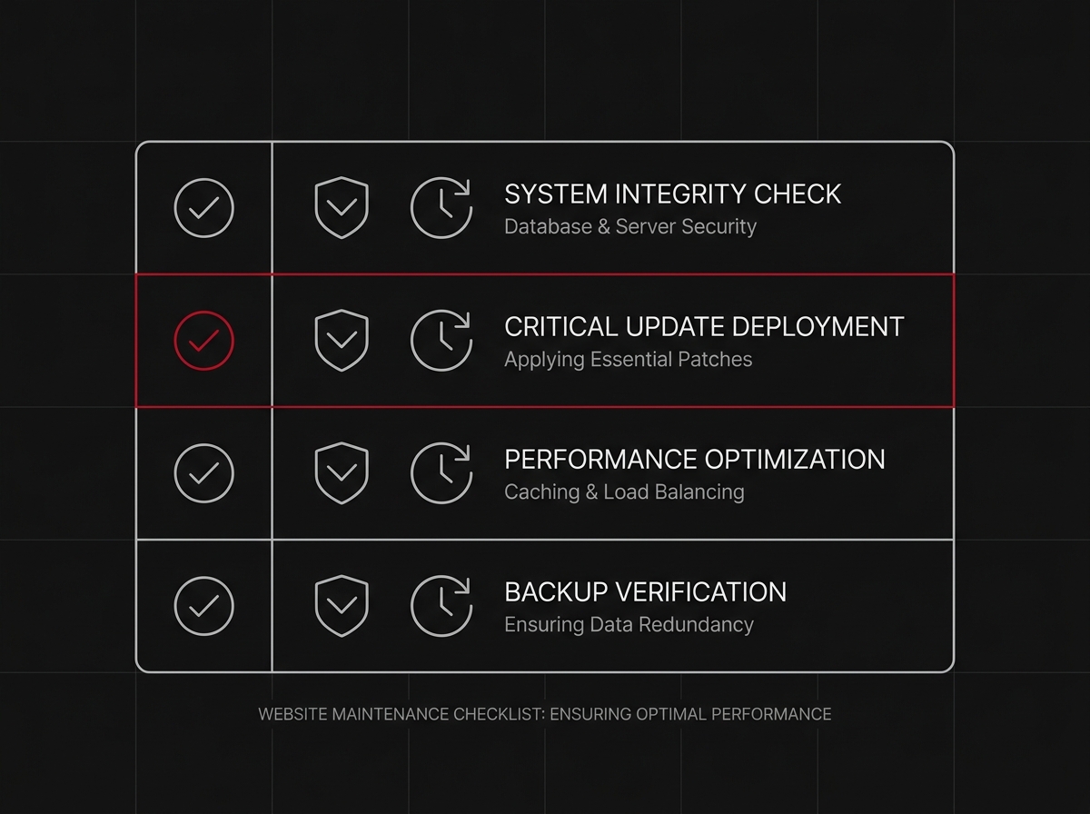 Checklist of website maintenance tasks: security, backups, speed, content updates, uptime monitoring