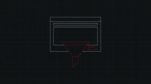 Landing page wireframe on a laptop screen with a single call-to-action button, dark background with crimson accent